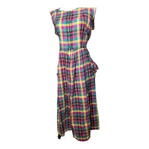 Vtg Sundress Plaid Pouch Tie Pockets Button Front  Praire Cottage Whimsical S